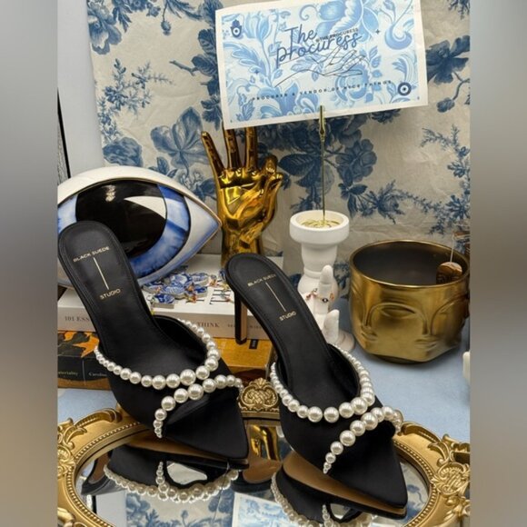 🆕 BLACK SUEDE STUDIO 🧿 NWOB Gigi 80 Pearl Black Satin Mule Sandals, Sz 40 US 9 - Picture 4 of 16